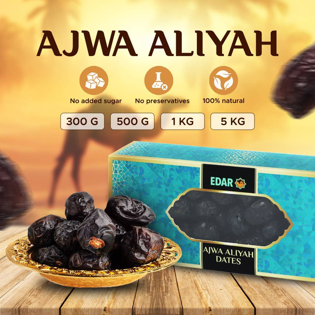 EDAR Ajwa Aliyah Dates — product box with jet-black premium dates
