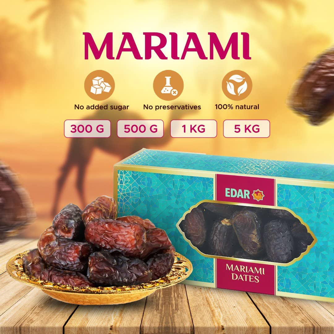 EDAR Mariami Dates — product box with large amber-red dates in gold tray
