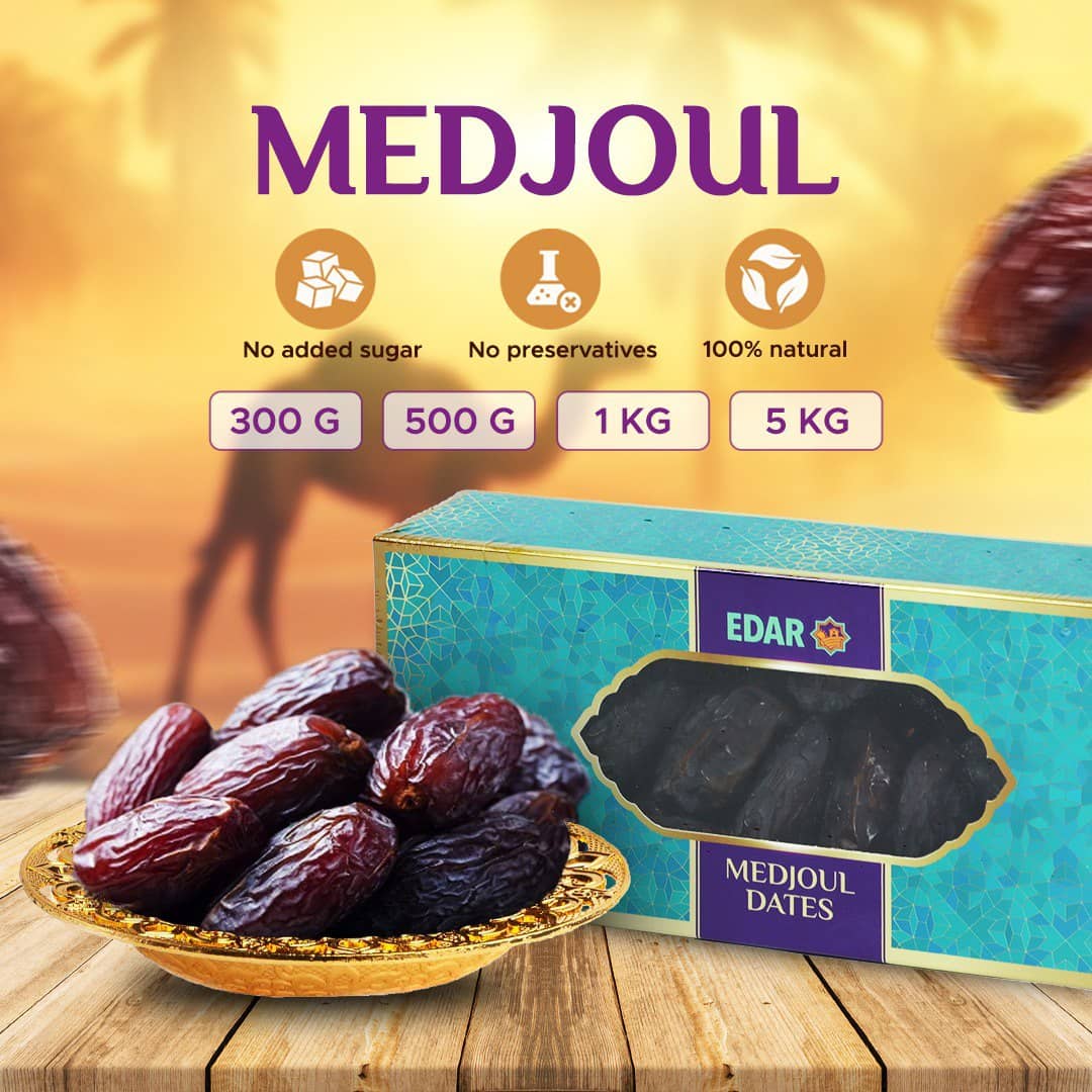 EDAR Medjoul Dates — product box with jumbo dark dates in gold tray