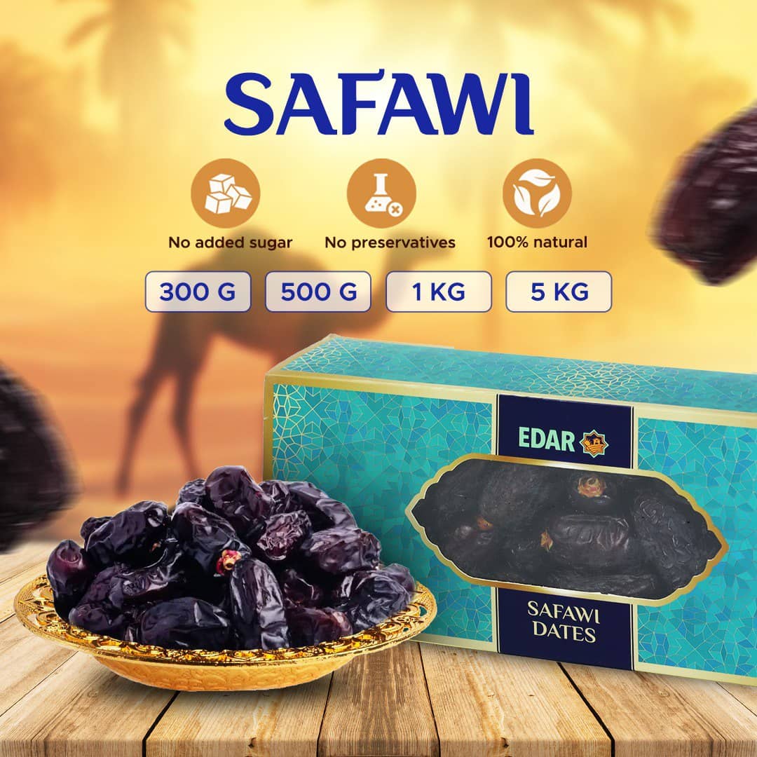 EDAR Safawi Dates — product box with dates in gold tray